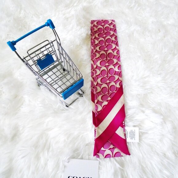 Coach Signature Print Silk Skinny Scarf Bold Pink C8363 - Picture 2 of 9